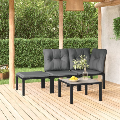 4-Delige Loungeset Poly Rattan Zwart En Grijs 1 hoek + midden + voetensteun + Tafel