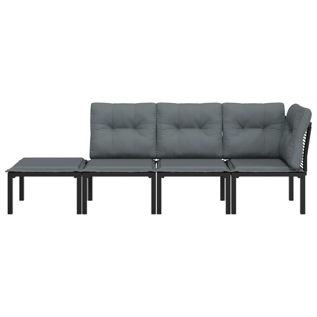 4-Delige Loungeset Poly Rattan Zwart En Grijs 1 hoek + 2x midden + voetensteun