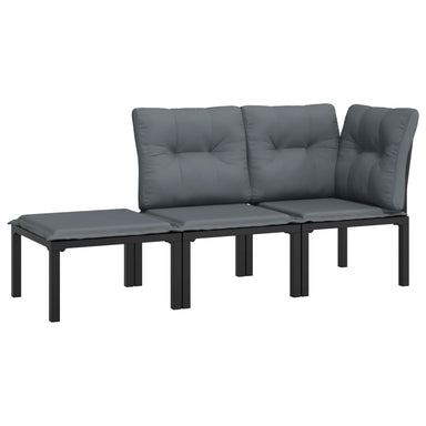 3-Delige Loungeset Met Kussens Poly Rattan Zwart En Grijs 1 hoek + midden + voetensteun