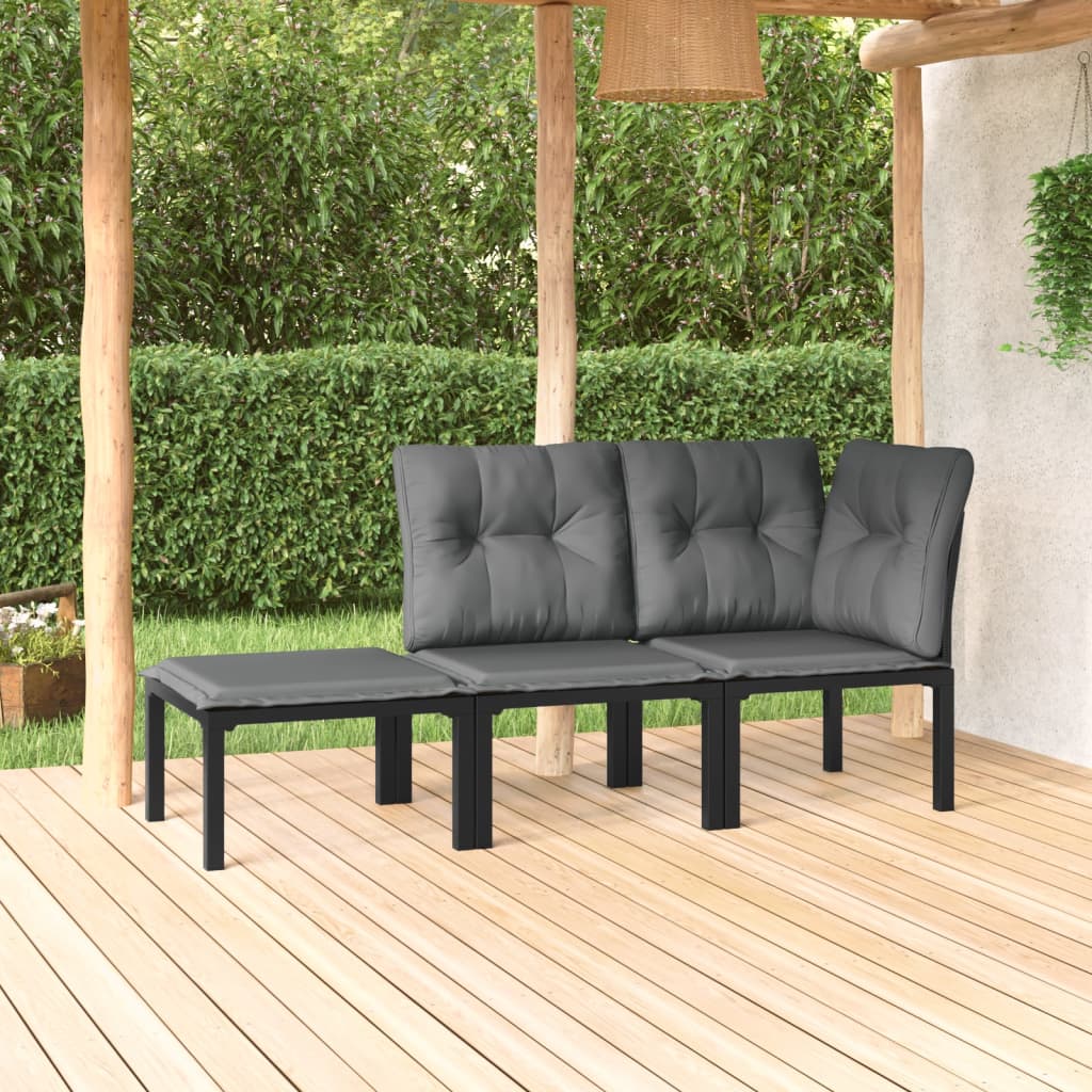 3-Delige Loungeset Met Kussens Poly Rattan Zwart En Grijs 1 hoek + midden + voetensteun