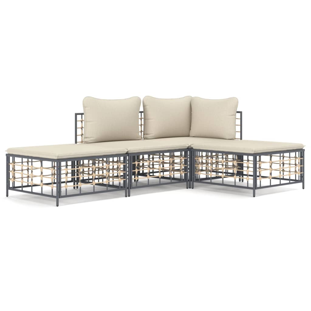 4-delige Loungeset met kussens poly rattan antracietkleurig