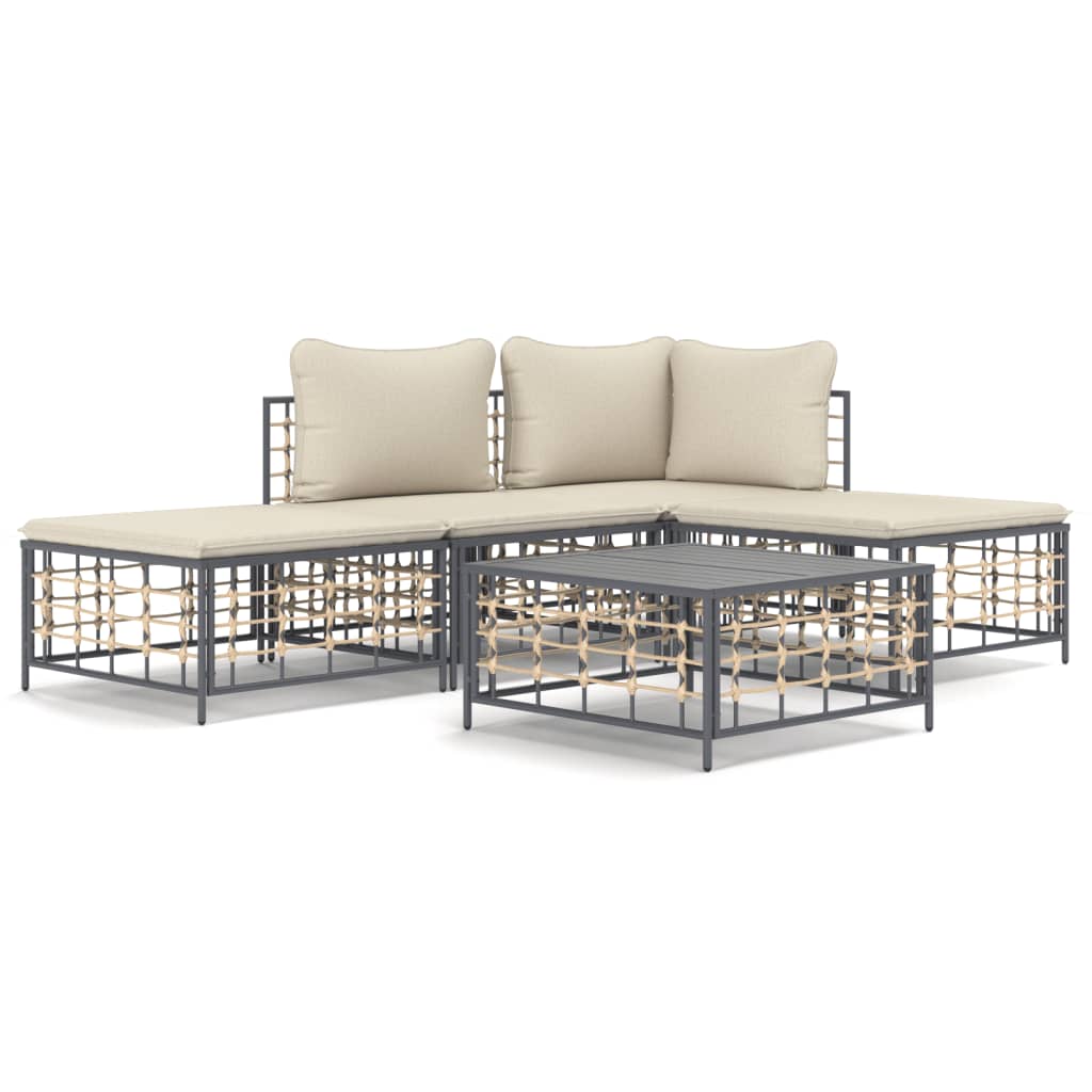 5-delige Loungeset met kussens poly rattan antracietkleurig