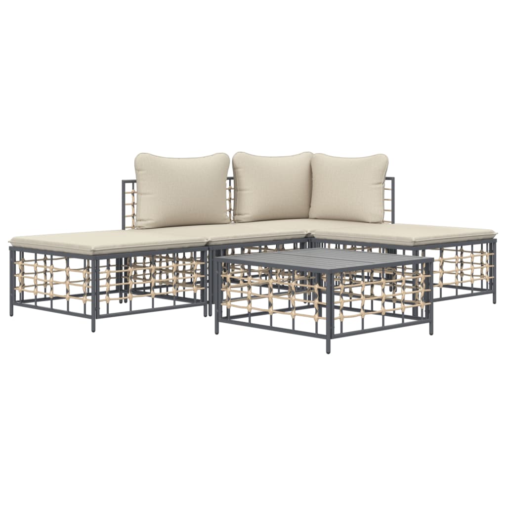5-delige Loungeset met kussens poly rattan antracietkleurig