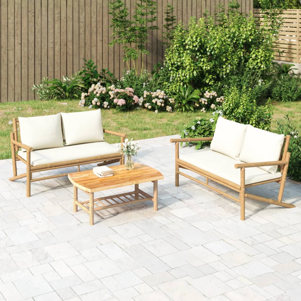 Tuinbank Met Crèmewitte Kussens Bamboe 1