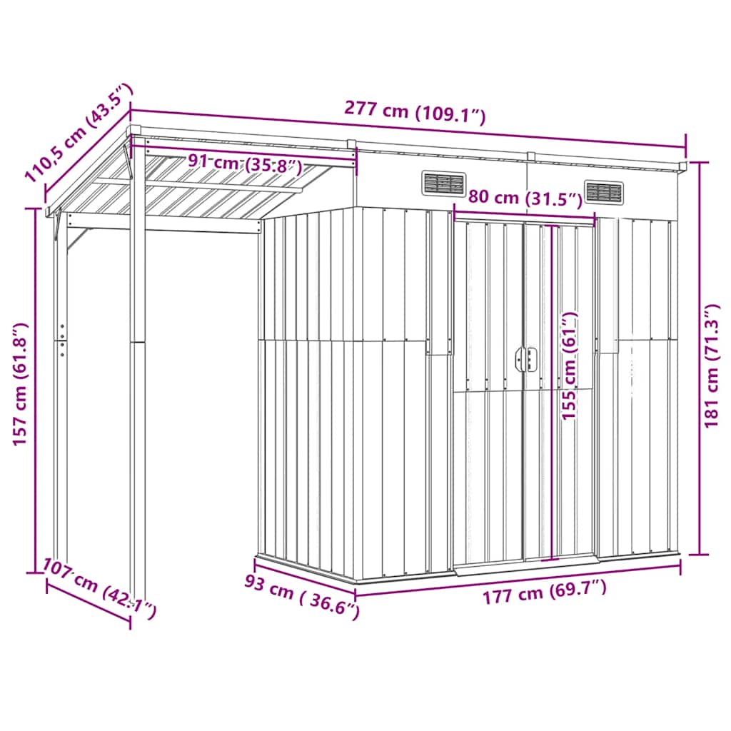 Tuinschuur met verlengd dak 277x107x181 cm staal groen