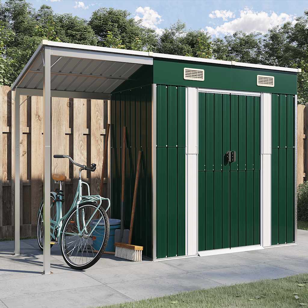 Tuinschuur met verlengd dak 277x107x181 cm staal groen