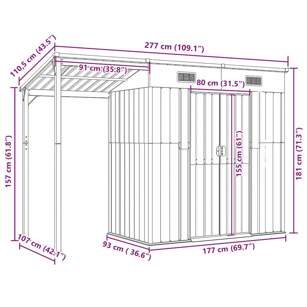 Tuinhuis met verlengd dak lichtgrijs 277x107x181 cm staal