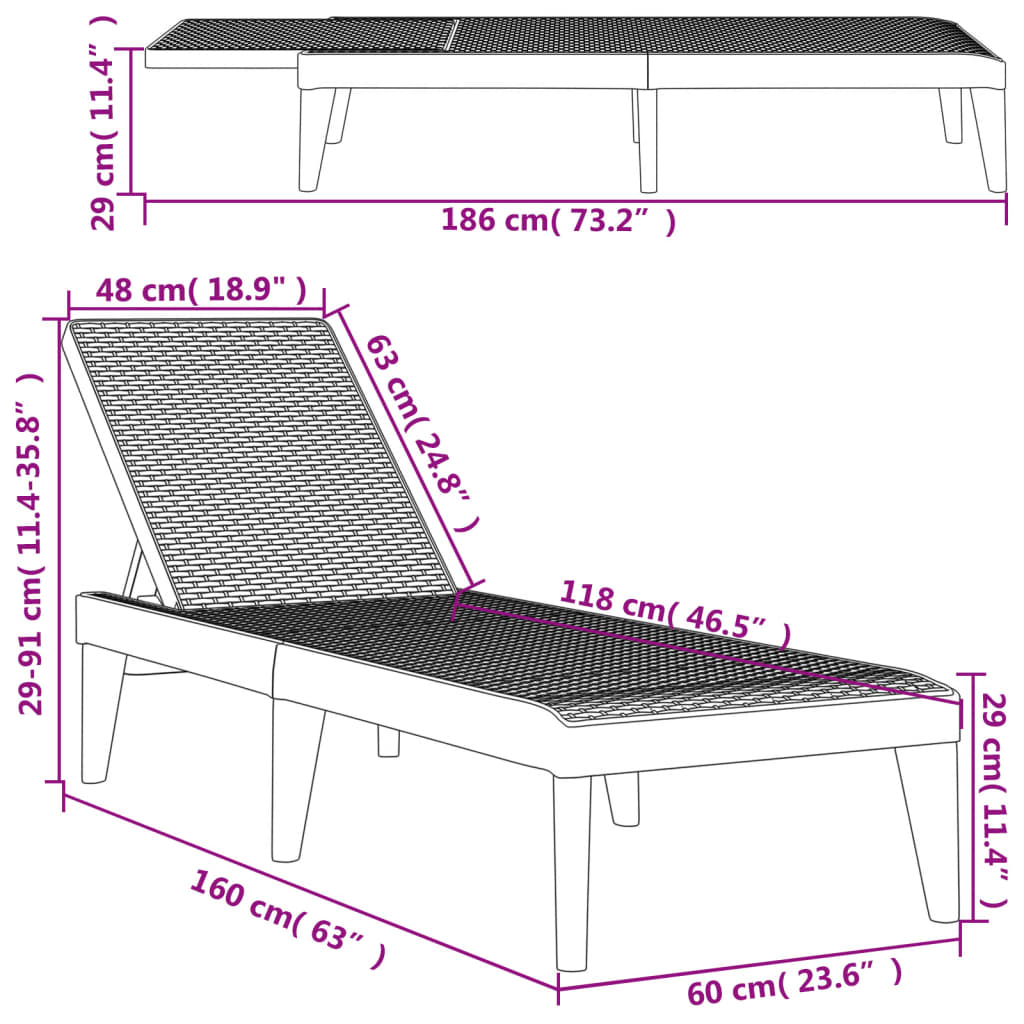 Ligbed 186x60x29 cm polypropeen grijs