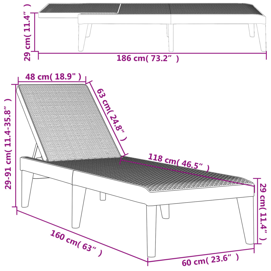 Ligbed 186x60x29 cm polypropeen antracietkleurig