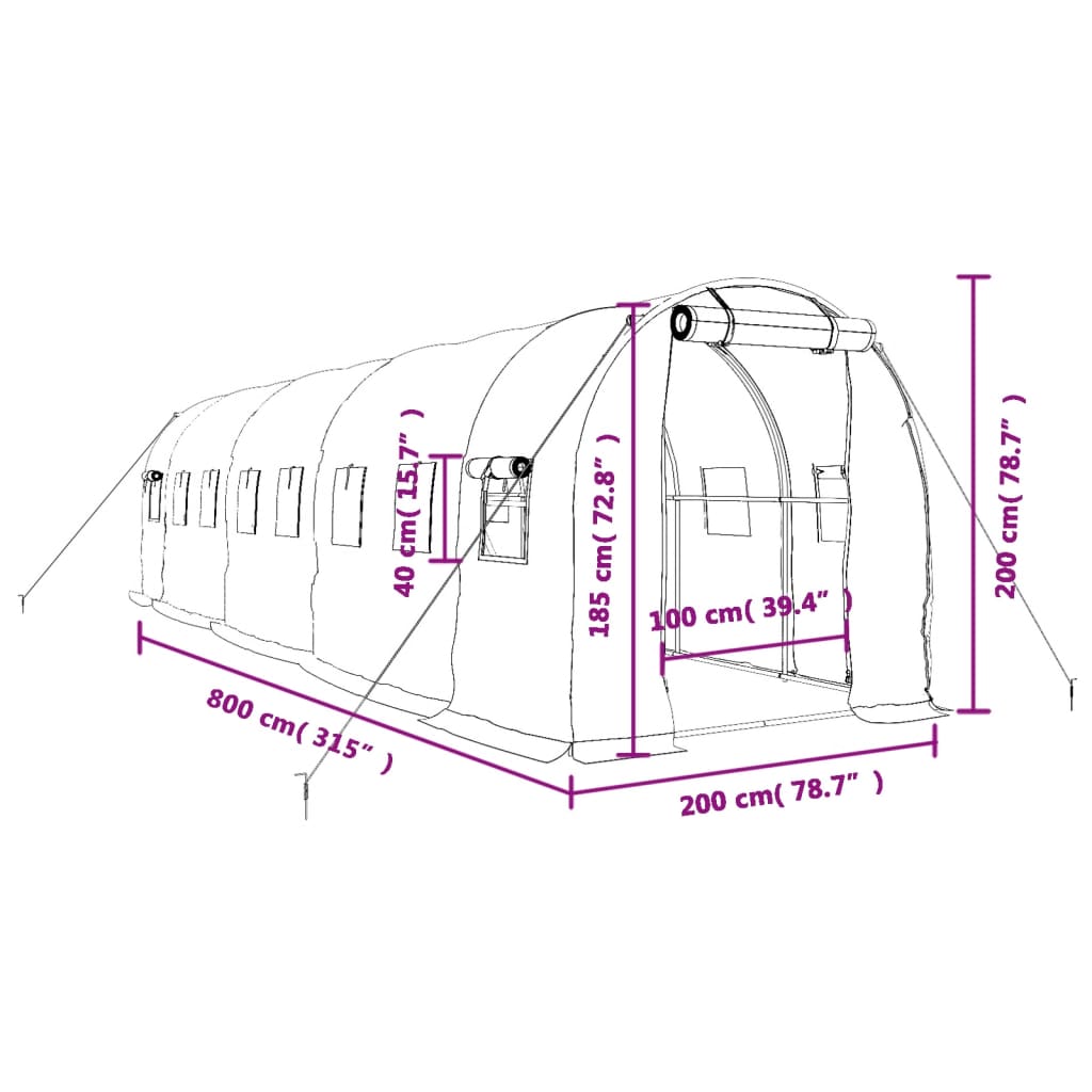 Tuinkas met stalen frame 16 m² 8x2x2 m groen