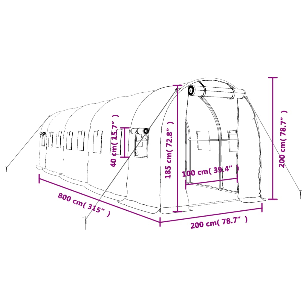 Tuinkas met stalen frame 16 m² 8x2x2 m wit