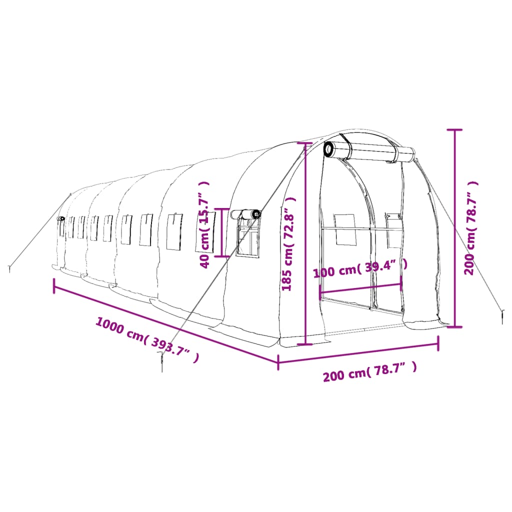 Tuinkas met stalen frame 20 m² 10x2x2 m wit