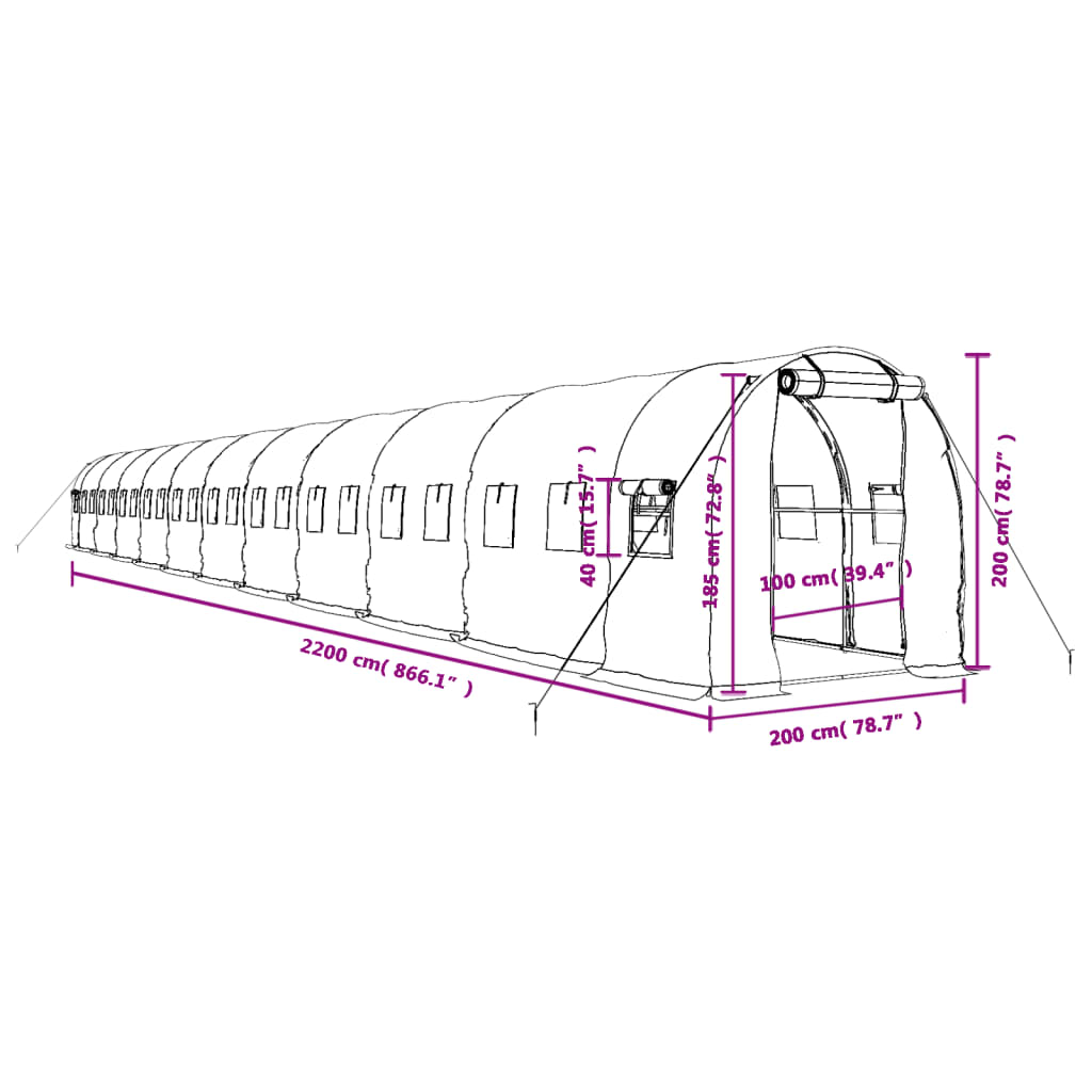 Tuinkas met stalen frame 44 m² 22x2x2 m wit