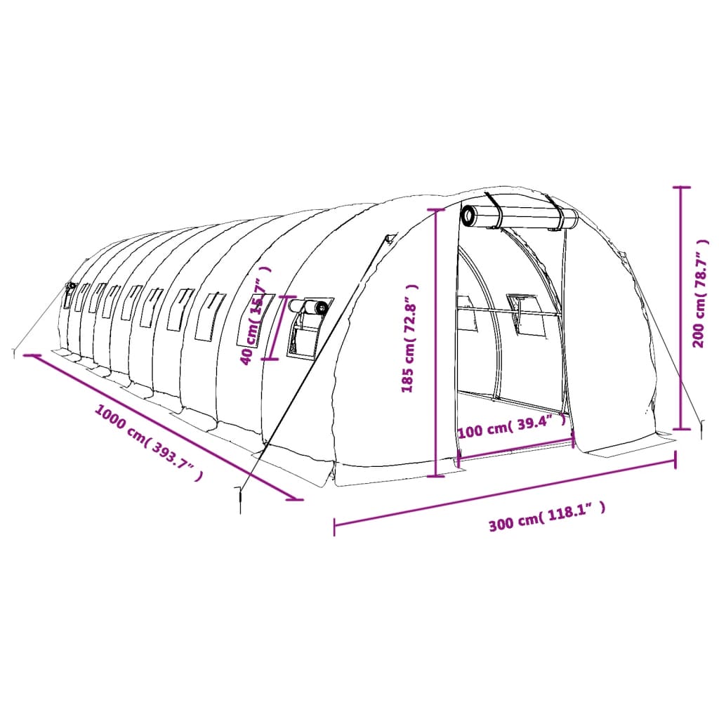Tuinkas met stalen frame 30 m² 10x3x2 m wit