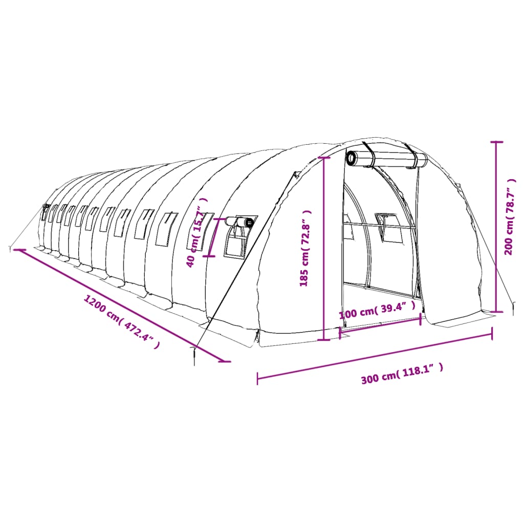 Tuinkas met stalen frame 36 m² 12x3x2 m wit