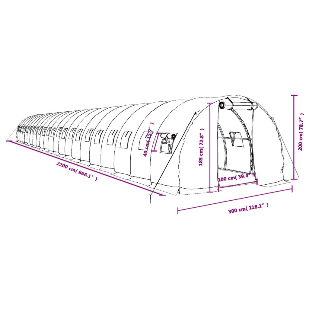 Tuinkas met stalen frame 66 m² 22x3x2 m wit