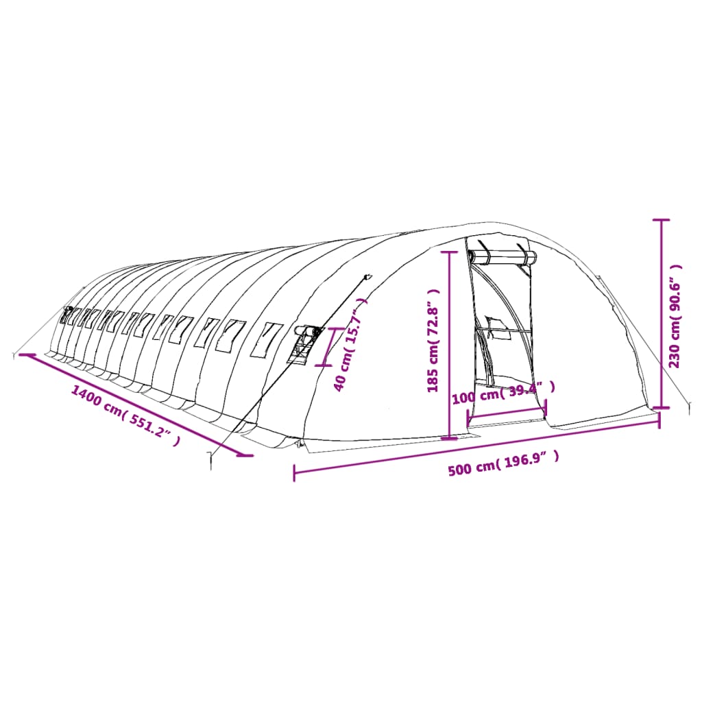 Tuinkas met stalen frame 70 m² 14x5x2,3 m wit