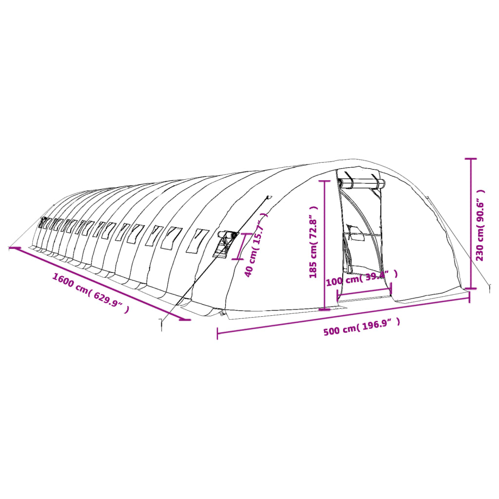 Tuinkas met stalen frame 80 m² 16x5x2,3 m wit