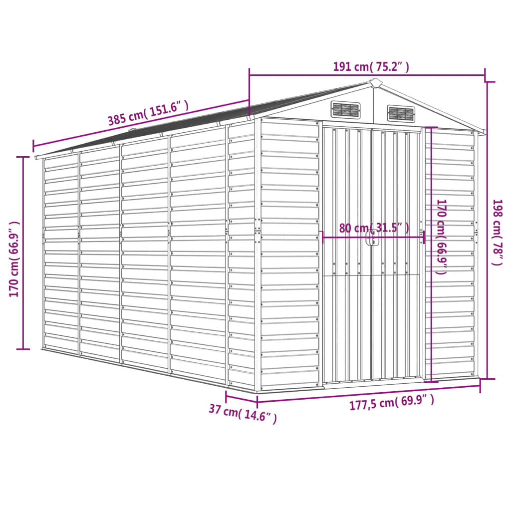 Tuinhuis Bruin 191x385x198 cm Gegalvaniseerd Staal