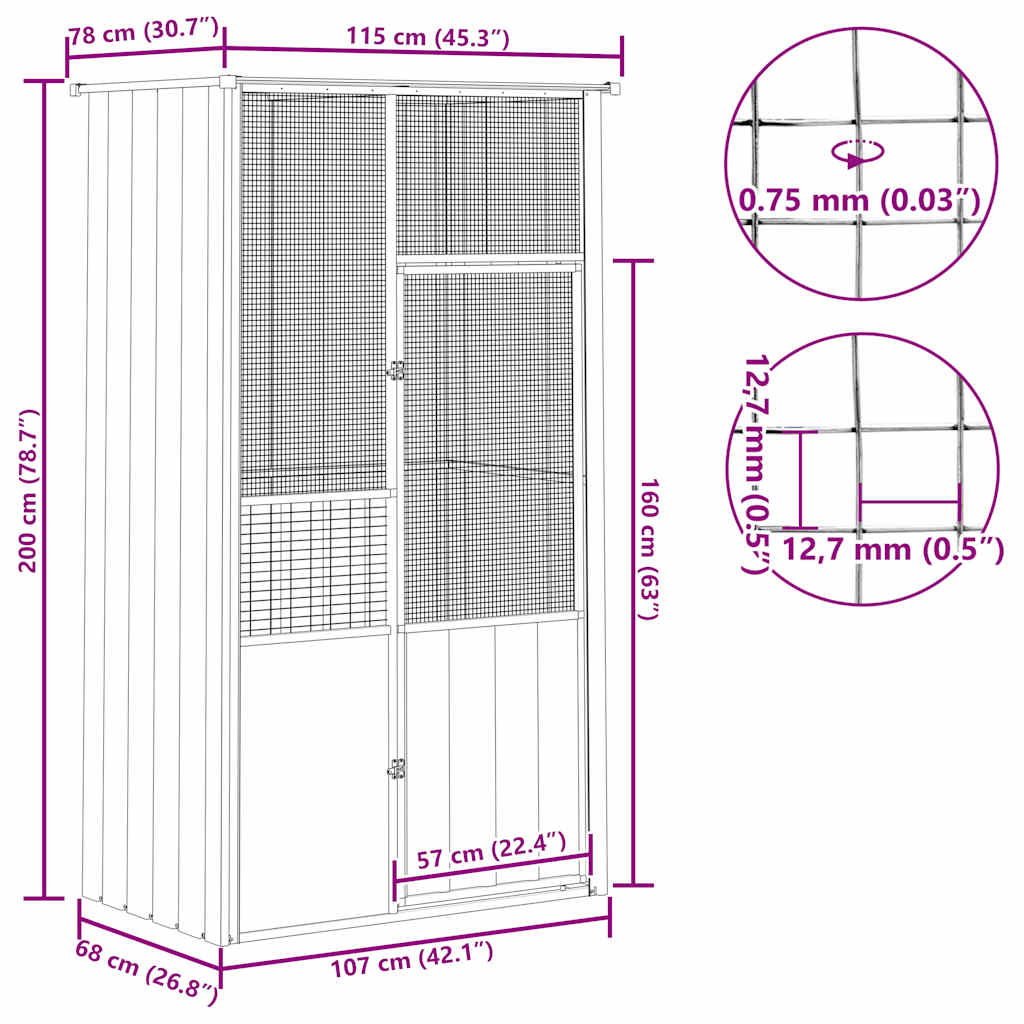 Vogelkooi 115x78x200 cm gegalvaniseerd staal grijs