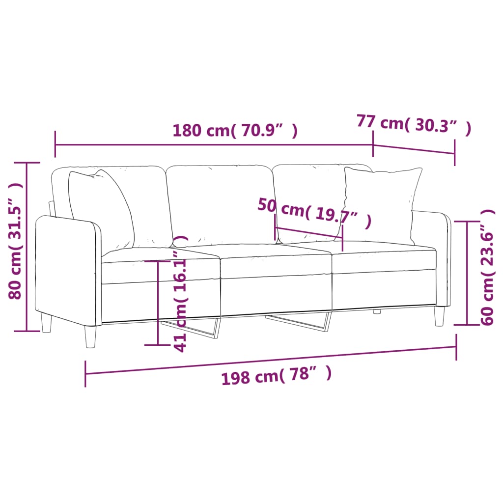 Driezitsbank met sierkussens 180 cm stof taupe