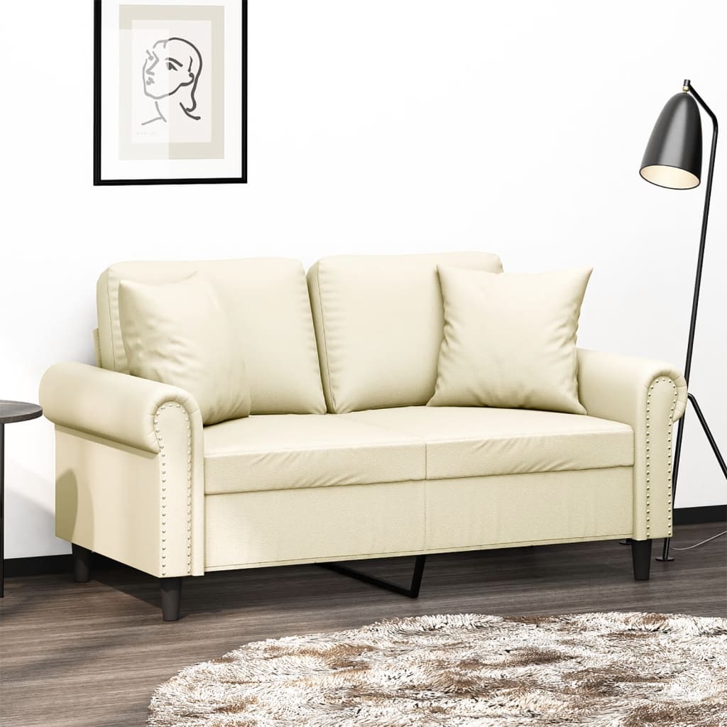 Tweezitsbank met sierkussens 120 cm kunstleer crèmekleurig