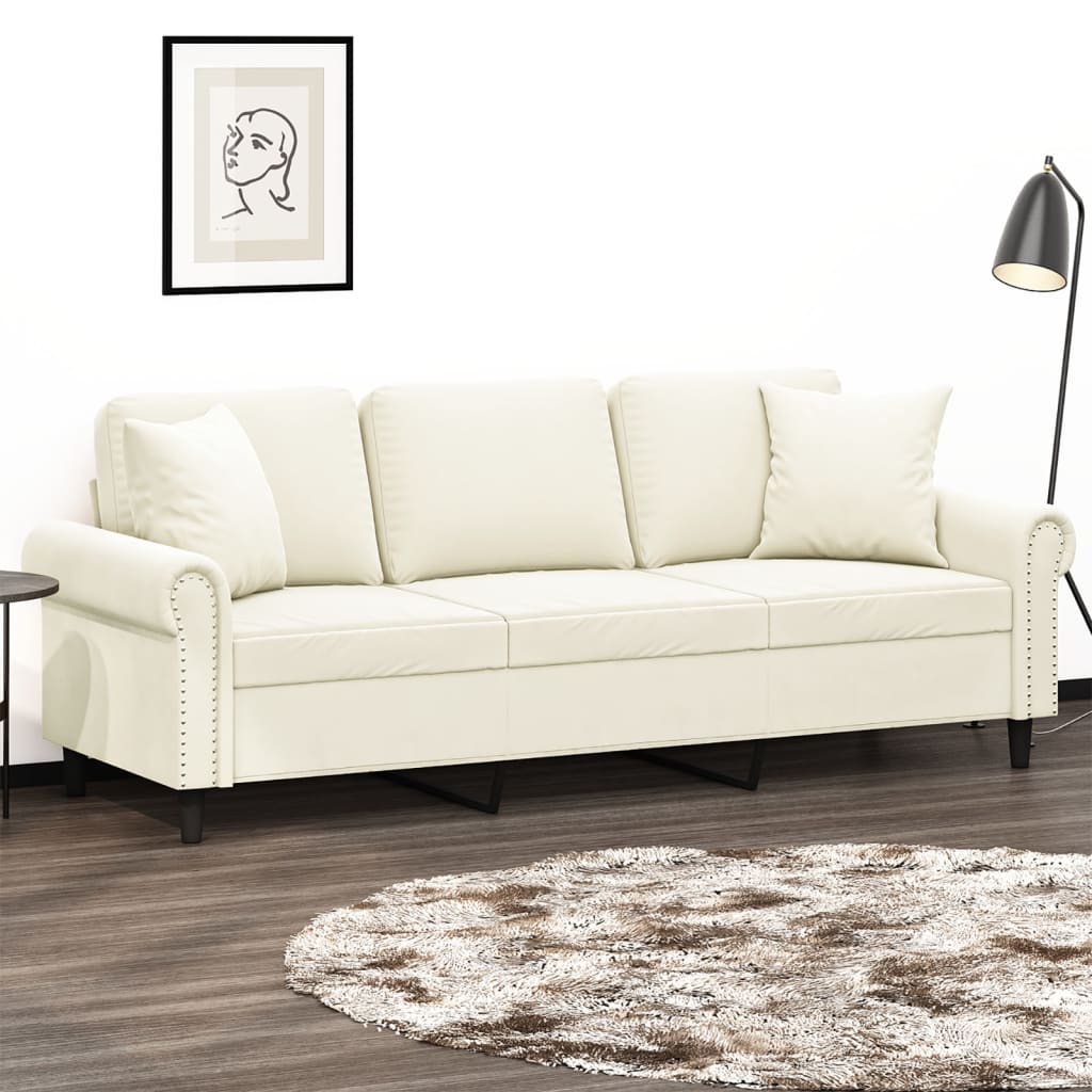 Driezitsbank met sierkussens 180 cm fluweel crèmekleurig