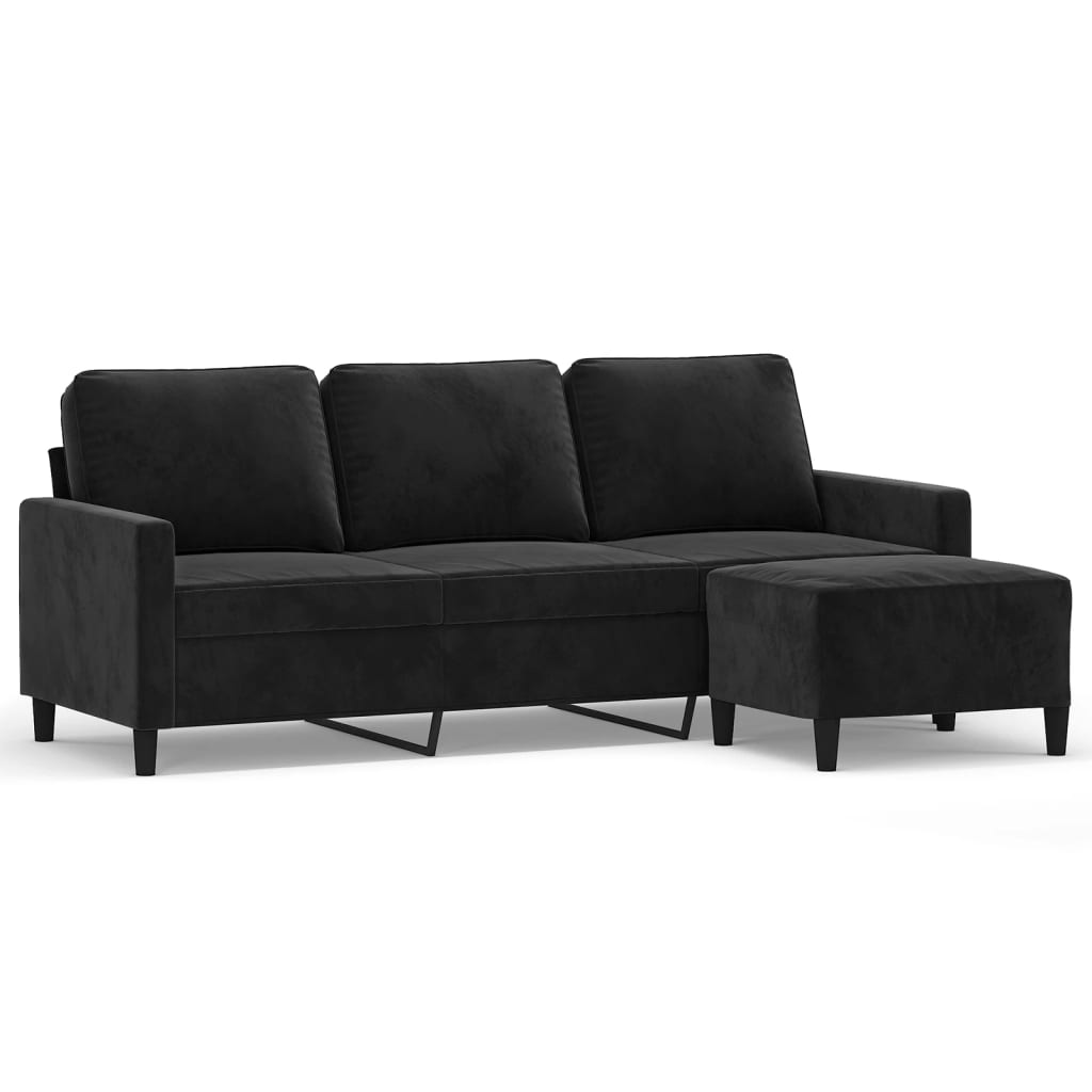Driezitsbank met voetenbank 180 cm fluweel zwart