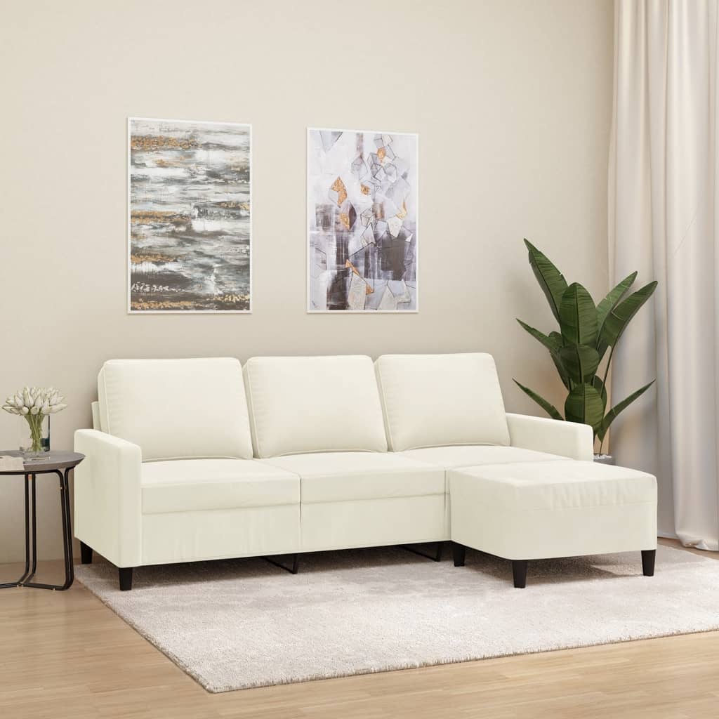 Driezitsbank met voetenbank 180 cm fluweel crèmekleurig