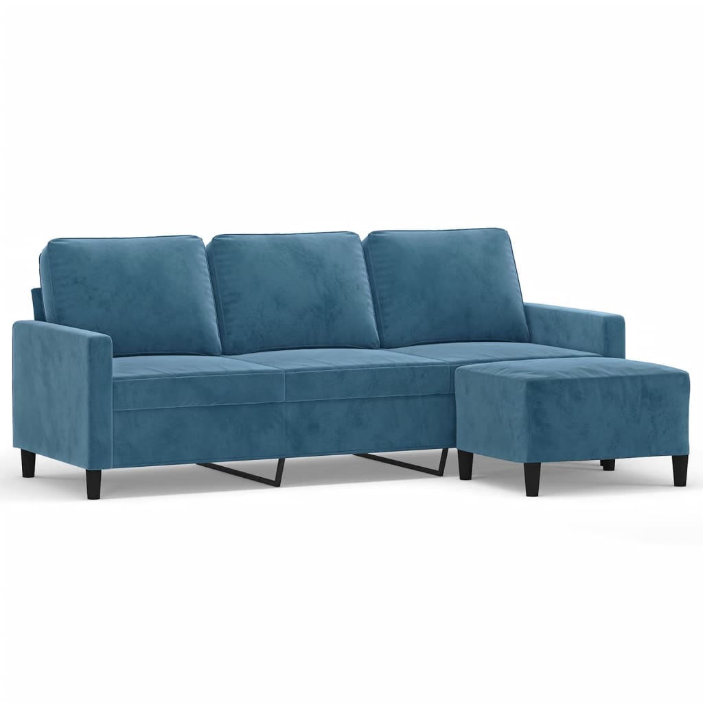 Driezitsbank met voetenbank 180 cm fluweel blauw