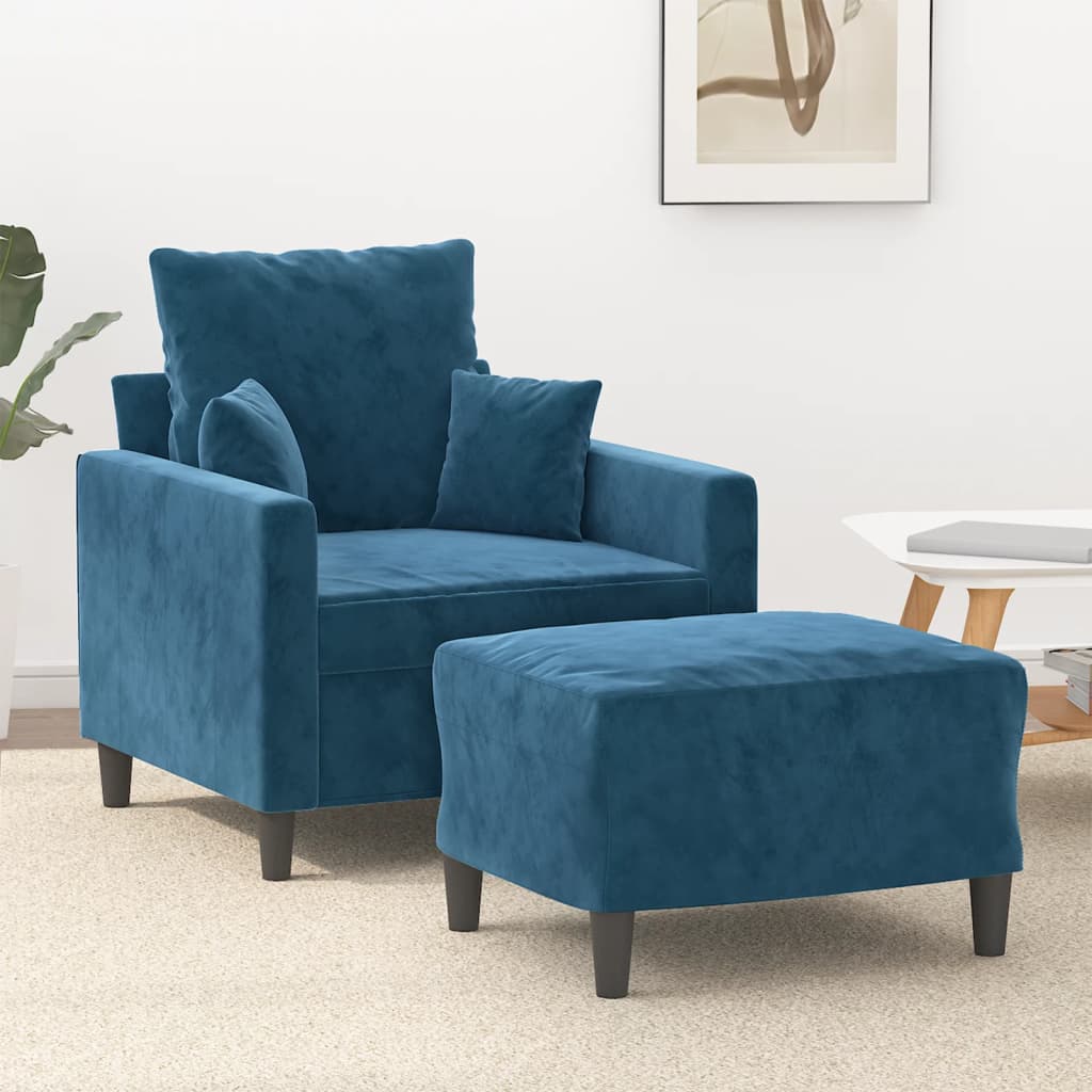 Fauteuil met voetenbank 60 cm fluweel blauw