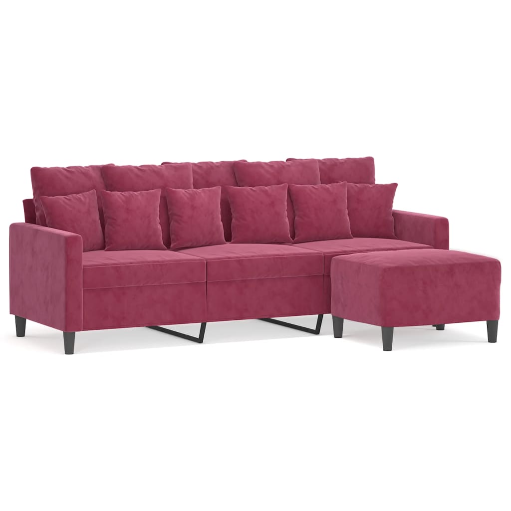 Driezitsbank met voetenbank 180 cm fluweel wijnrood