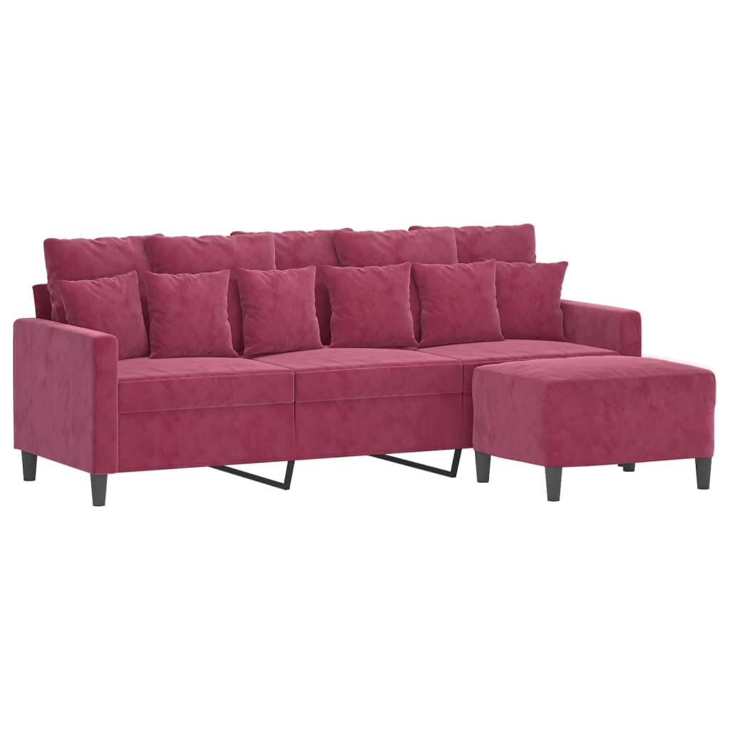 Driezitsbank met voetenbank 180 cm fluweel wijnrood