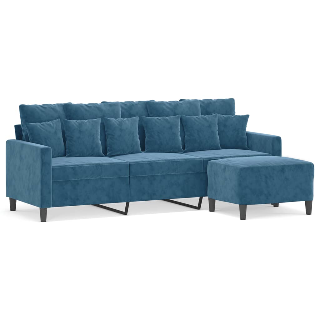 Driezitsbank met voetenbank 180 cm fluweel blauw