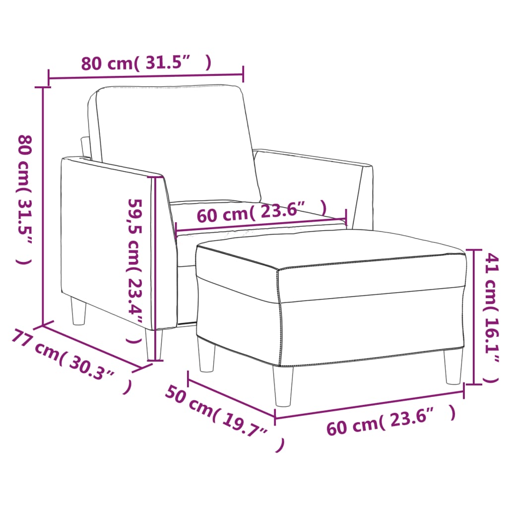 Fauteuil met voetenbank 60 cm kunstleer crèmekleurig