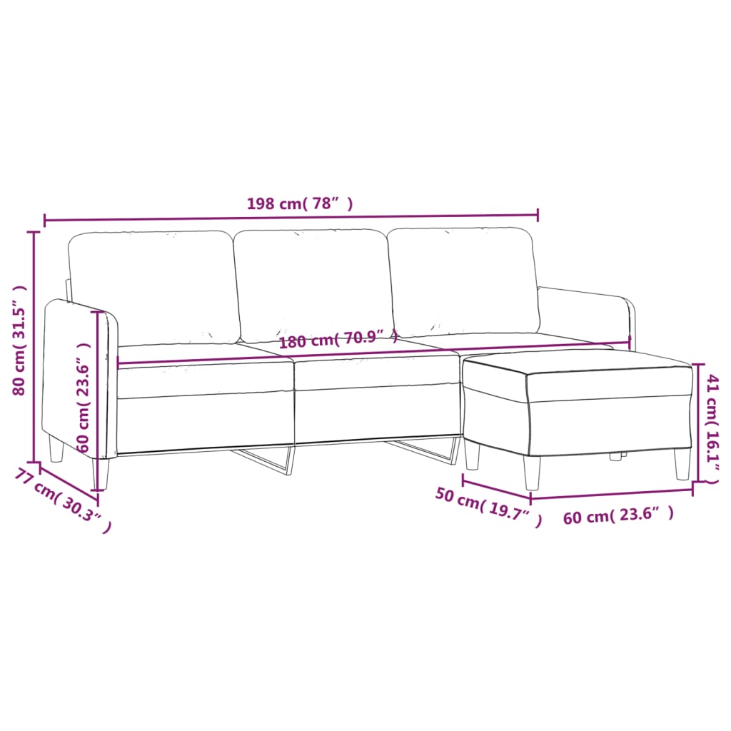 Driezitsbank met voetenbank 180 cm fluweel roze