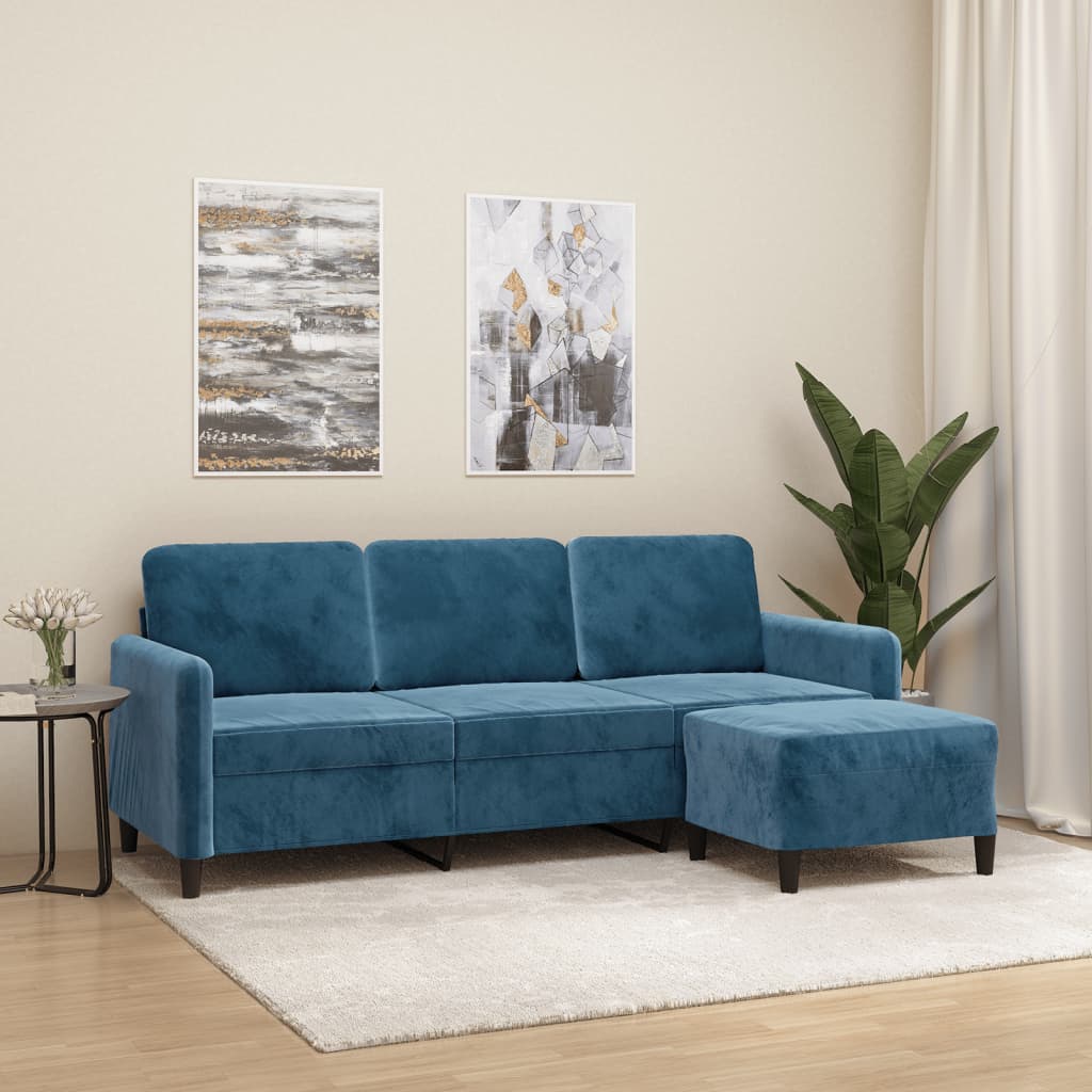 Driezitsbank Met Voetenbank 180 Cm Fluweel Blauw