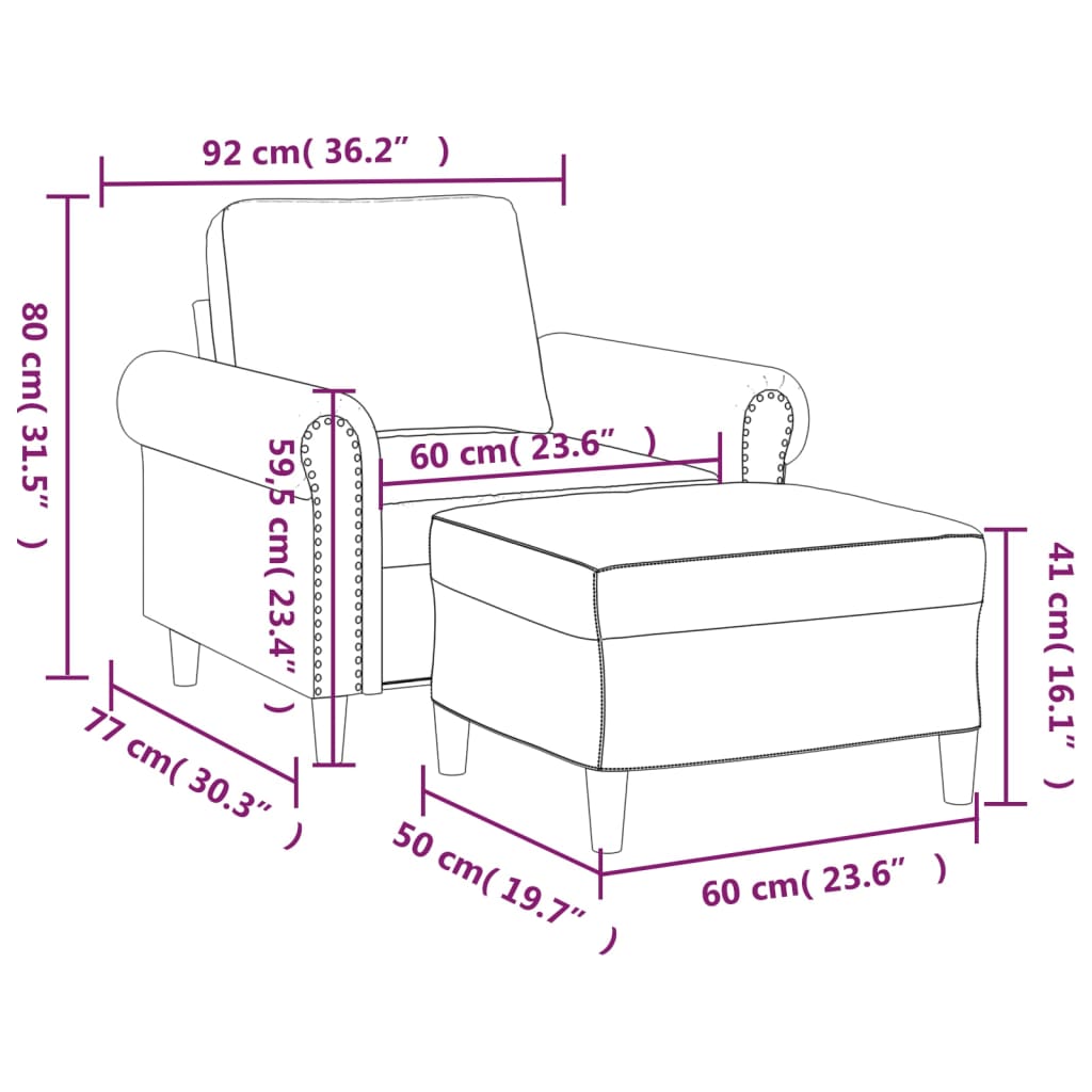 Fauteuil met voetenbank 60 cm fluweel geel