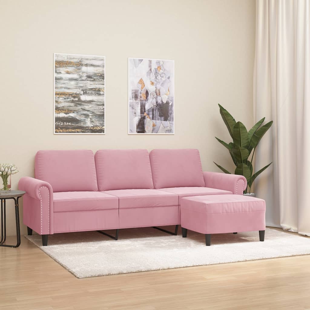 Driezitsbank met voetenbank 180 cm fluweel roze