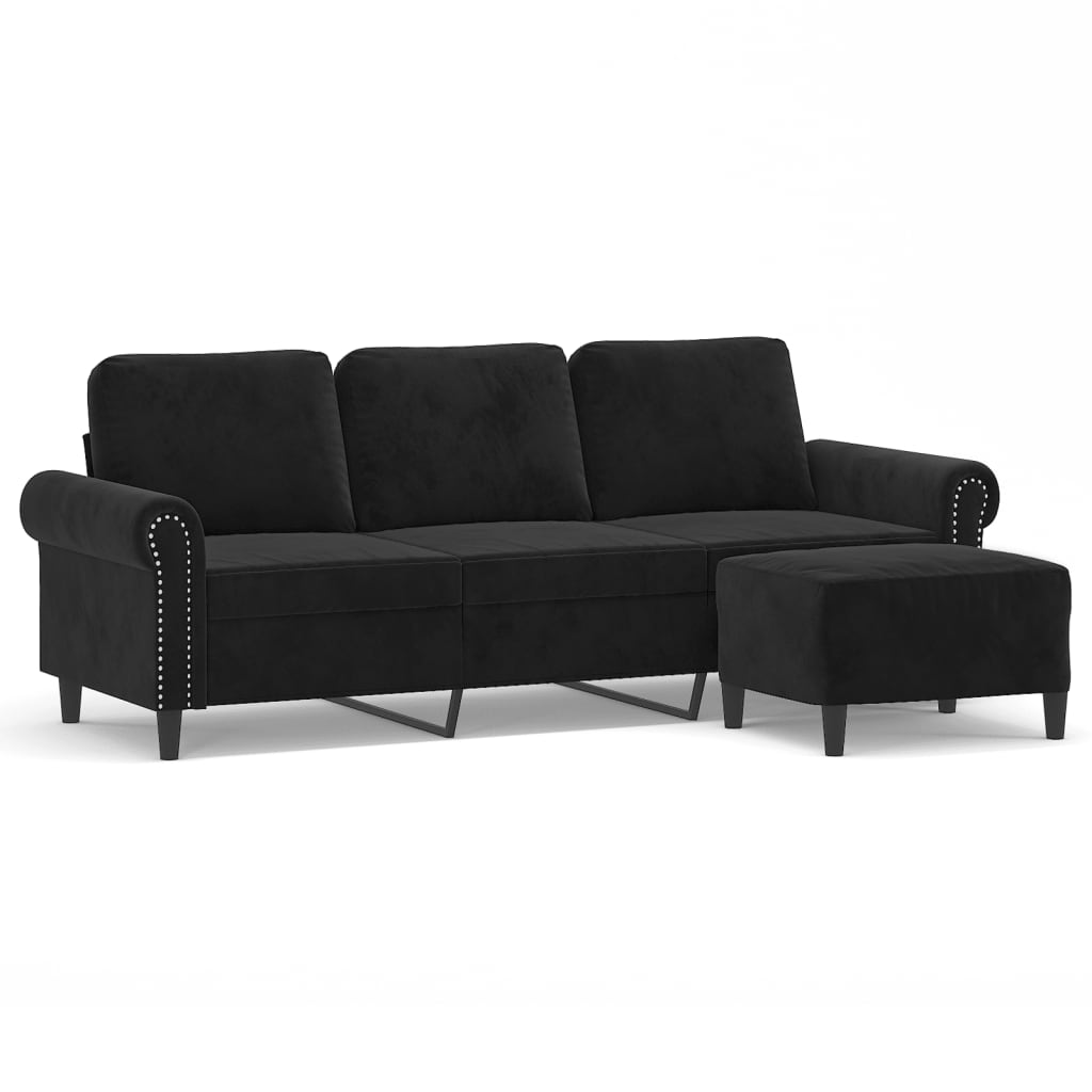 Driezitsbank met voetenbank 180 cm fluweel zwart
