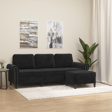 Driezitsbank met voetenbank 180 cm fluweel zwart