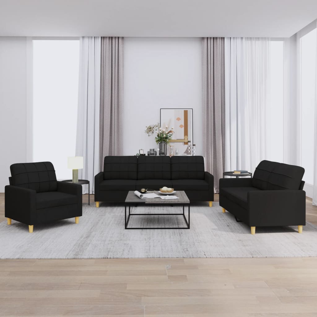 3-delige loungeset met kussens stof zwart
