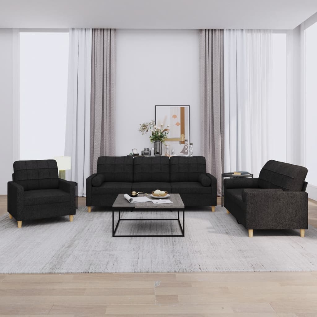 3-delige Loungeset met kussens stof zwart