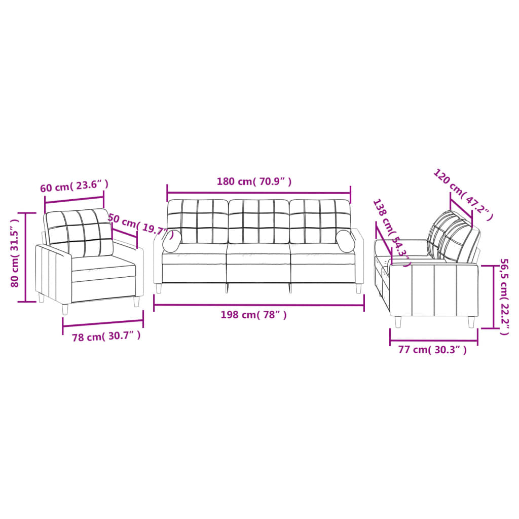 3-delige Loungeset met kussens stof taupe