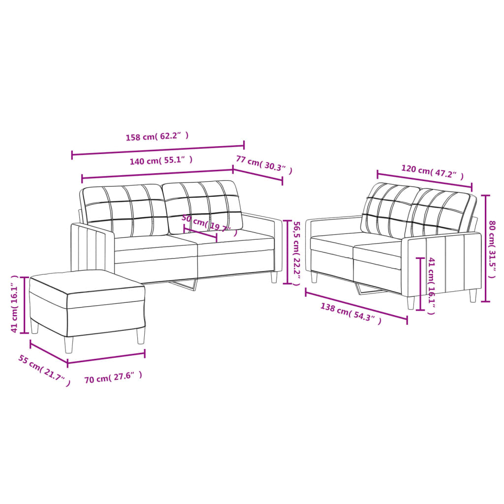 3-delige Loungeset met kussens stof lichtgrijs