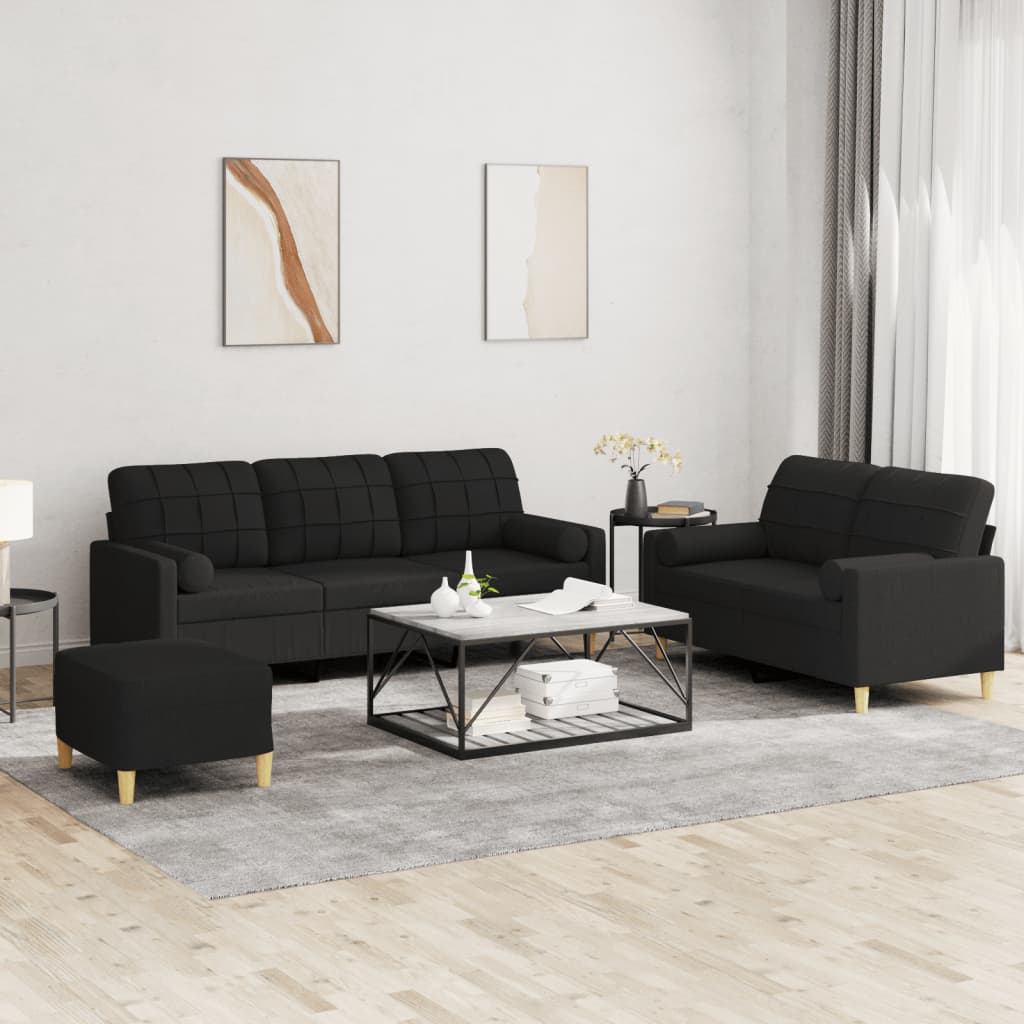 3-delige Loungeset met kussens stof zwart