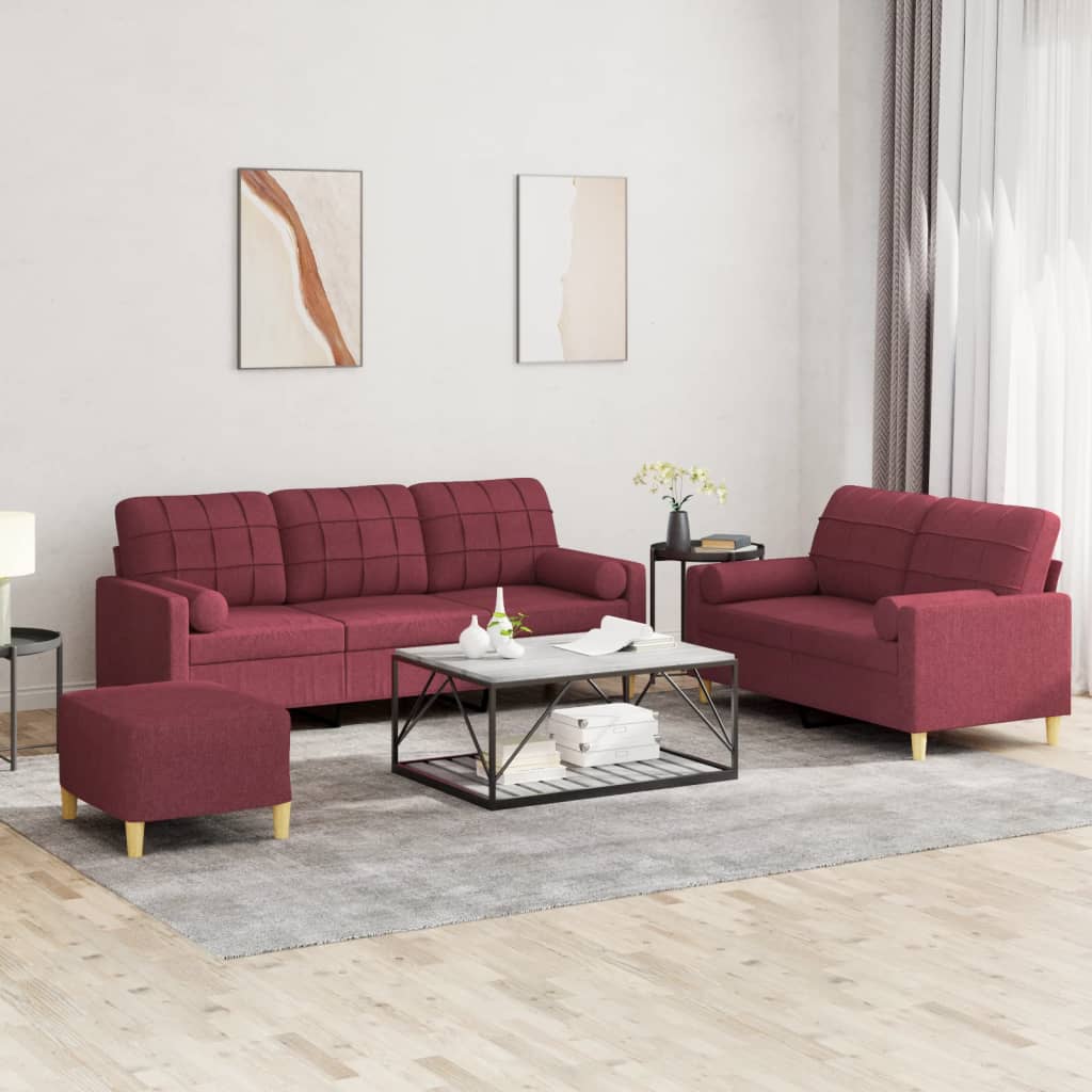 3-delige Loungeset met kussens stof wijnrood