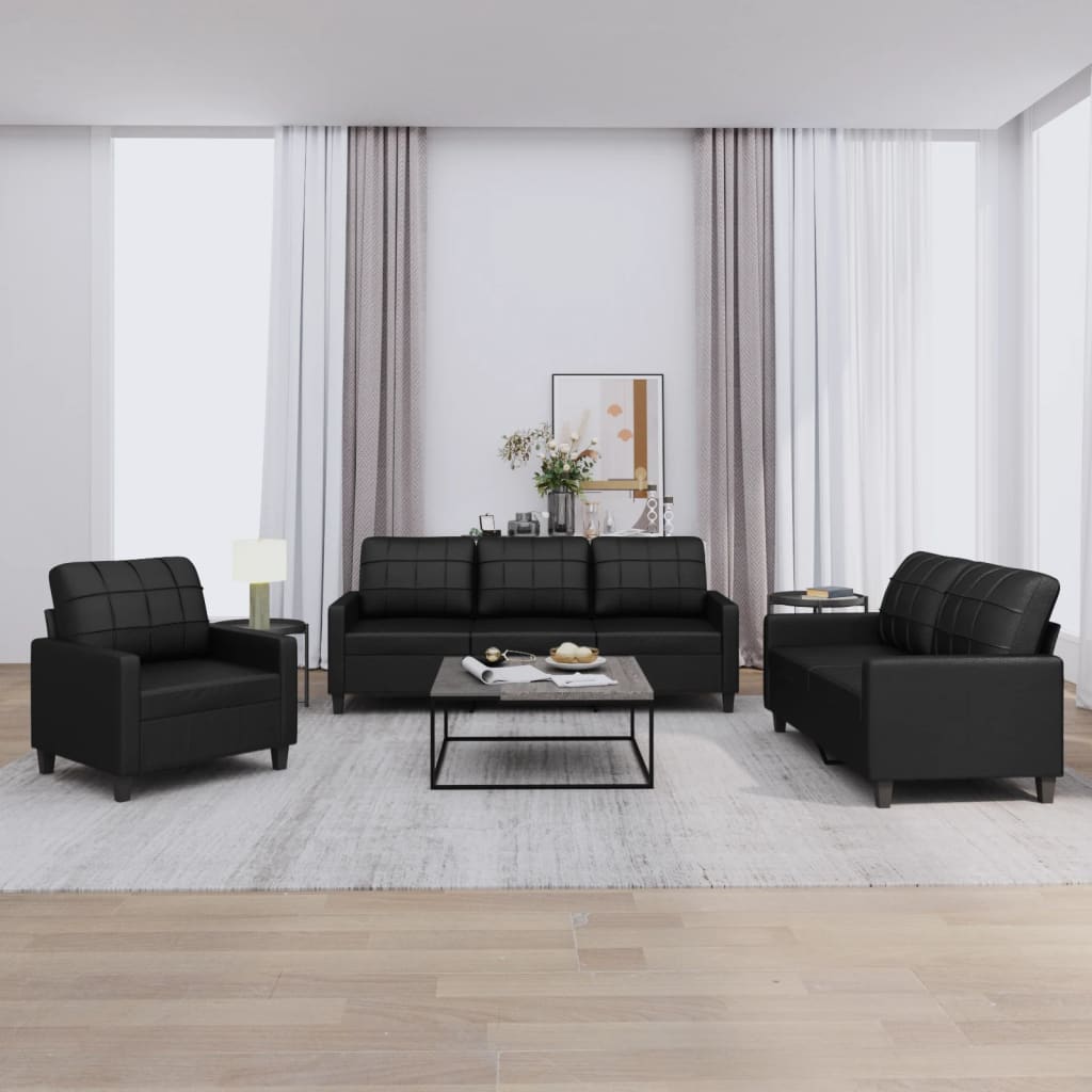 3-delige Loungeset met kussens kunstleer zwart