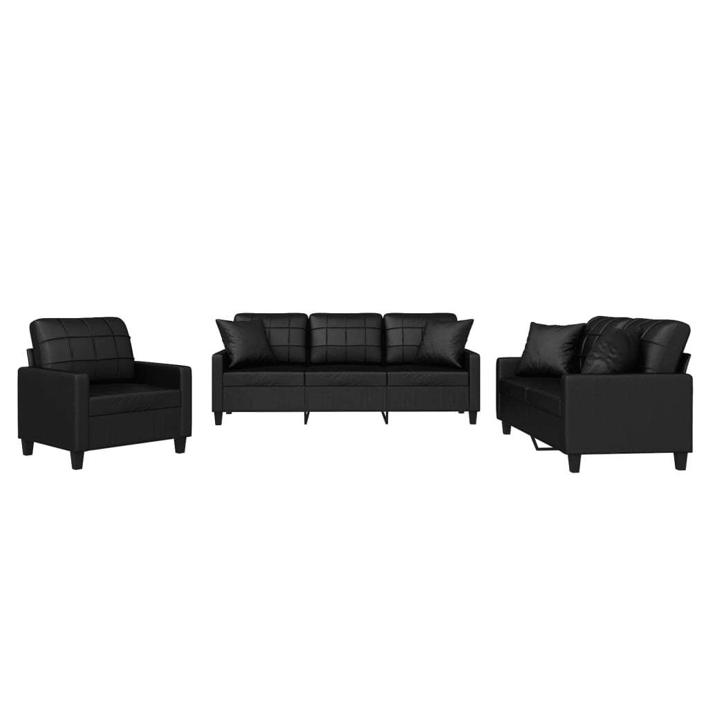 3-delige Loungeset met kussens kunstleer zwart