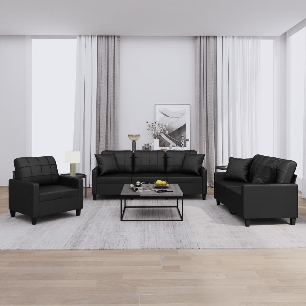 3-delige Loungeset met kussens kunstleer zwart
